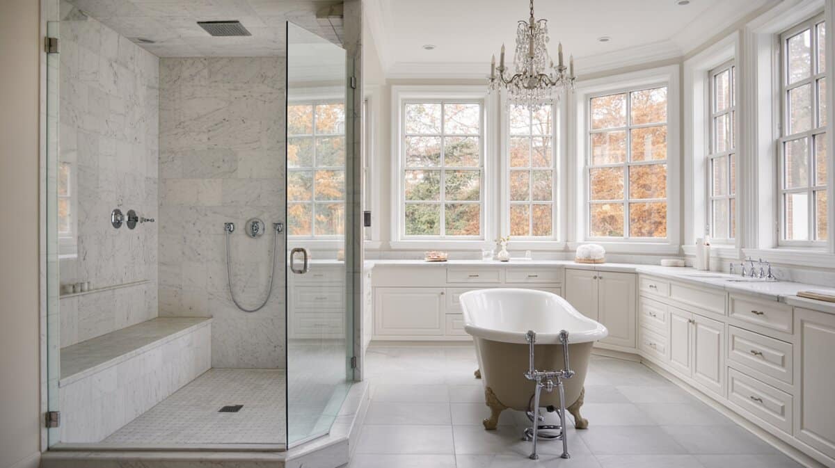 Luxury master bathroom with white Carrara marble shower bench, clawfoot soaking tub, and crystal chandelier