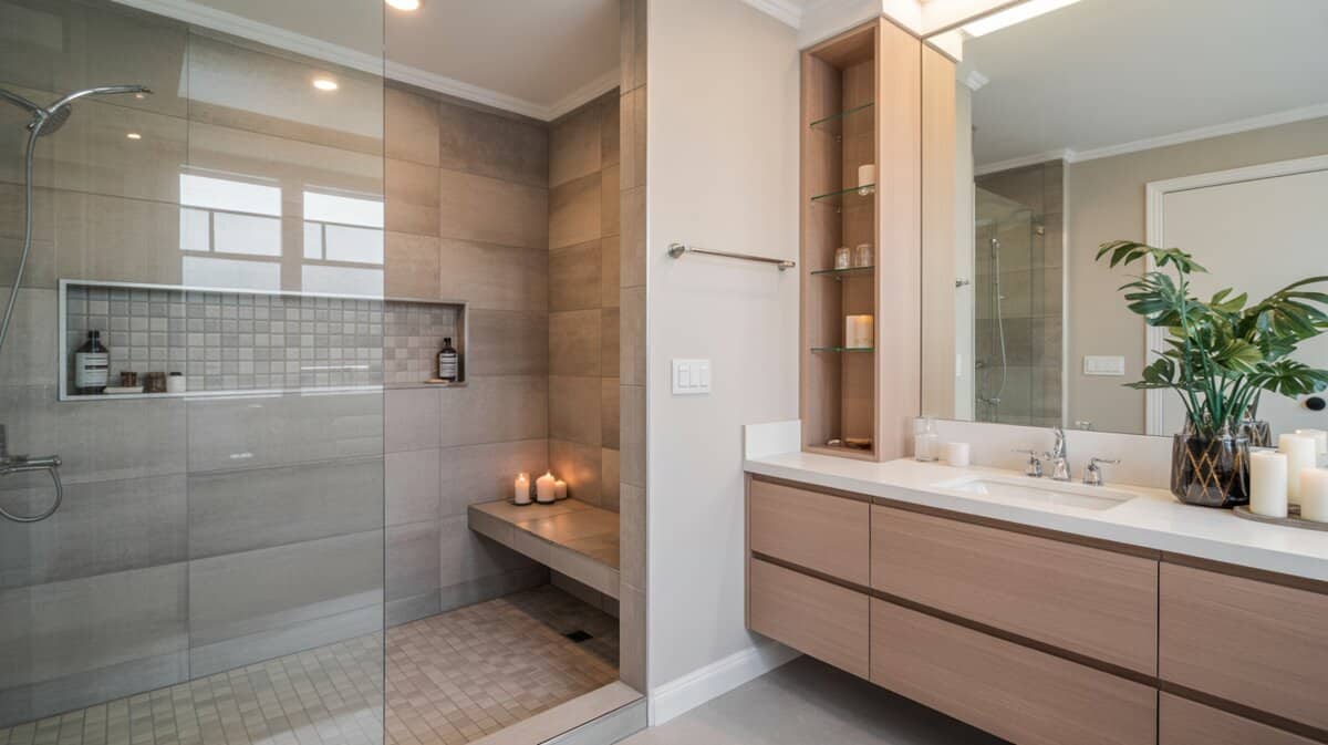 Master bathroom walk-in shower with gray taupe tiles and built-in bench beside floating wood-grain vanity