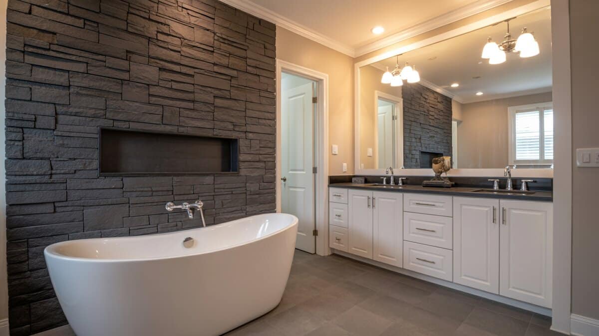 Spa bathroom with dark charcoal stacked stone wall behind a freestanding soaking tub