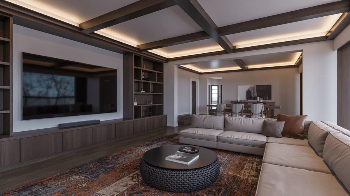 Cozy media room with dark stained box beam ceiling, sectional sofa and wall television