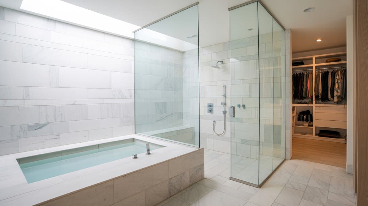 Minimalist all-marble wet room with inset soaking tub surrounded by marble bench surround