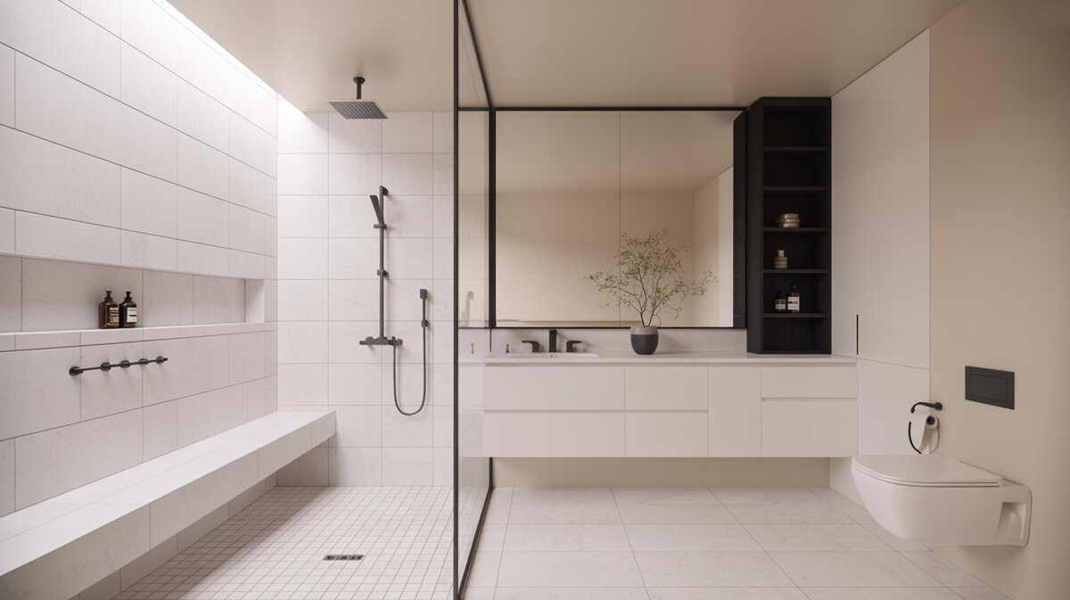 Minimalist all-white bathroom with black fixtures, walk-in shower, and built-in floating bench