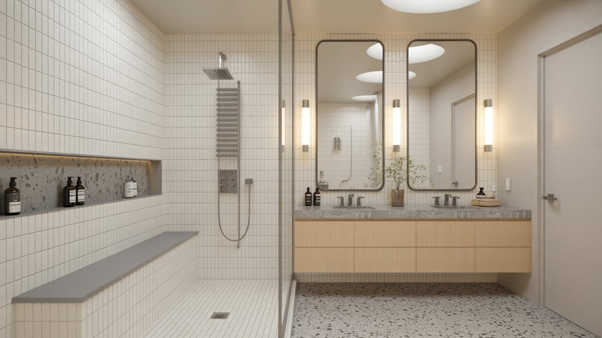 Modern bathroom with white tile shower and built-in bench, gray terrazzo floor, and maple wood floating vanity