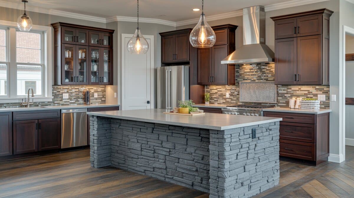 Gray stacked stone kitchen island with dark espresso cabinets and glass teardrop pendant lights