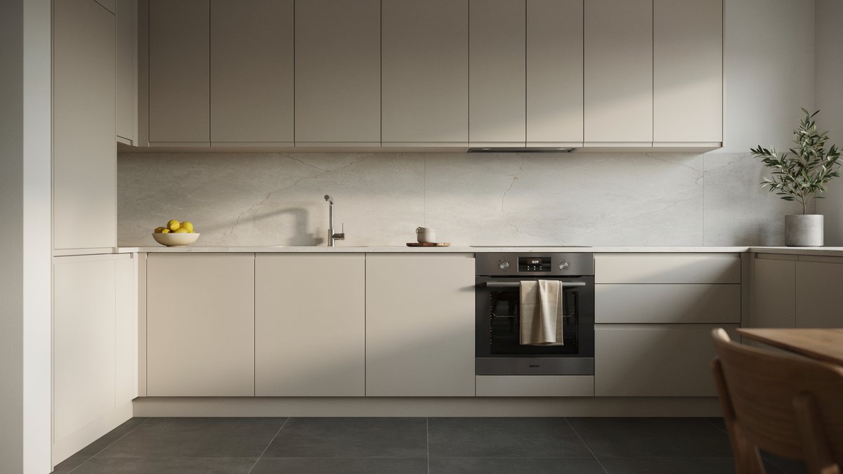 Modern MDF cabinets with a stacked stone backsplash and dark tile floor