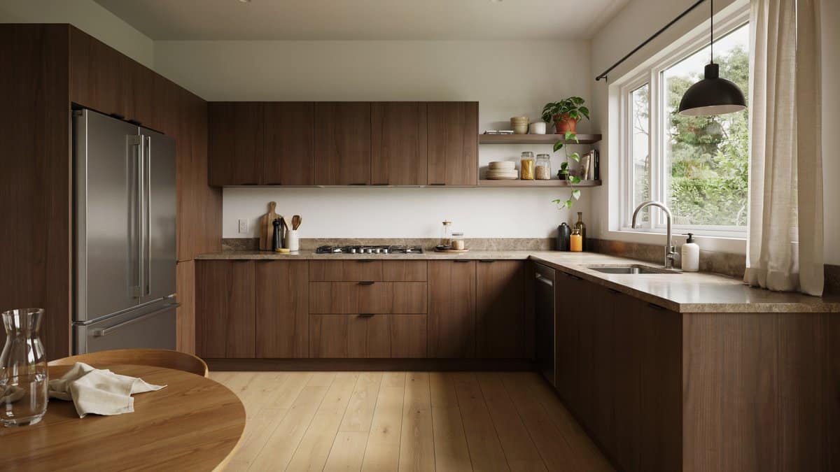 Open plan kitchen with dark veneer MDF cabinets and brown granite countertops