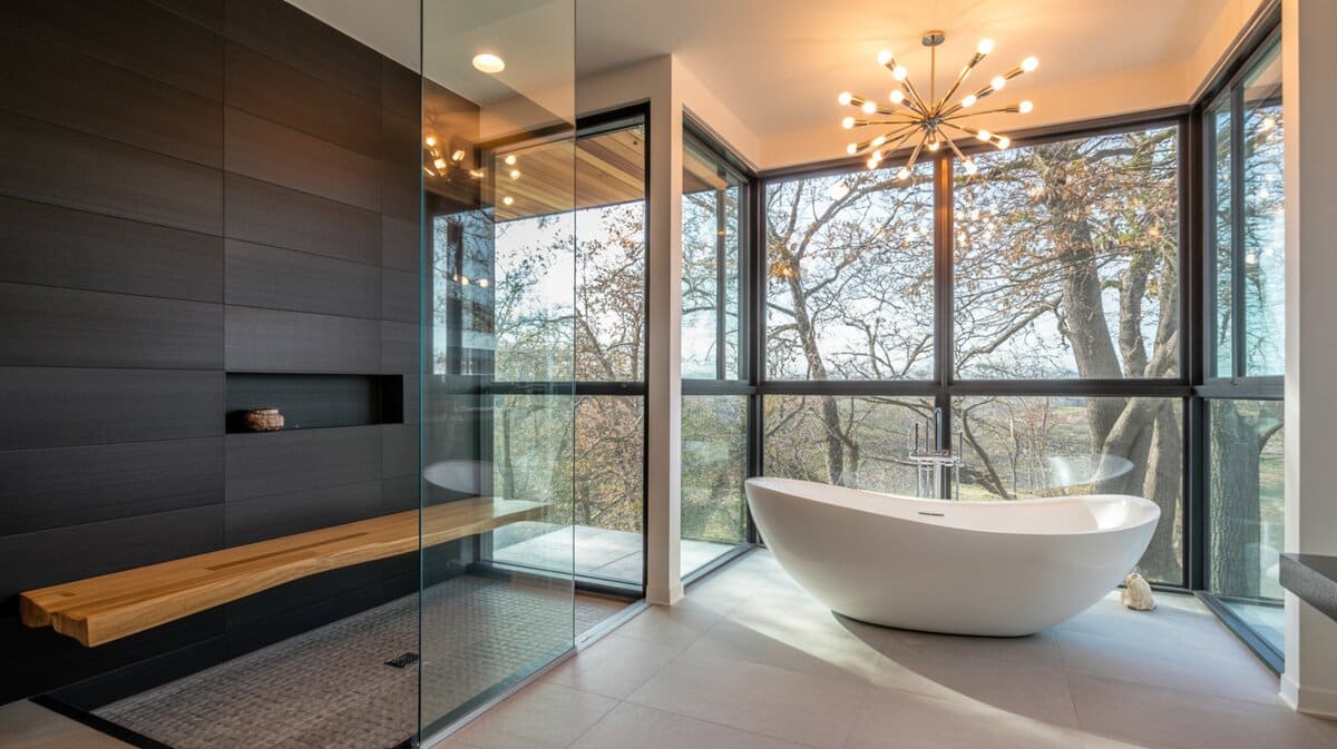 Modern master bathroom with freestanding soaking tub, dark charcoal tile wall, and floating wood bench at shower entry