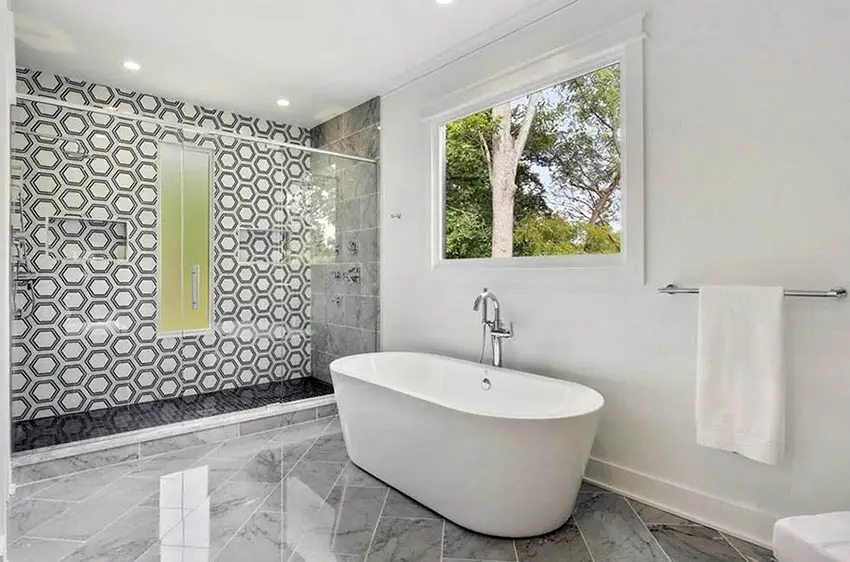Shower with geometric type tile and picture window