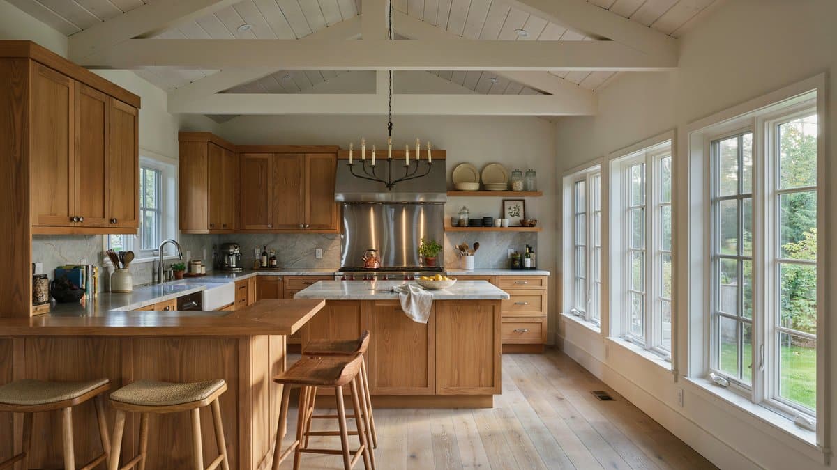 Open concept kitchen with solid wood cabinets and a bi-level breakfast bar under a vaulted ceiling