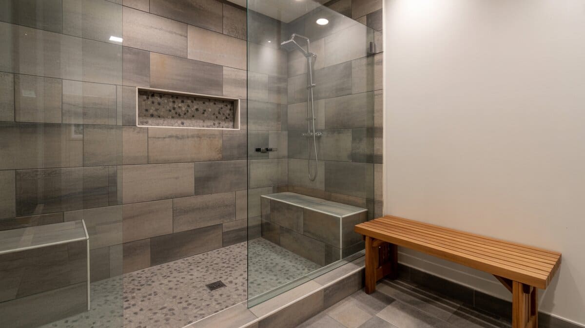 Open-concept shower with gray stone-look tiles, built-in bench inside, and teak wood bench placed outside