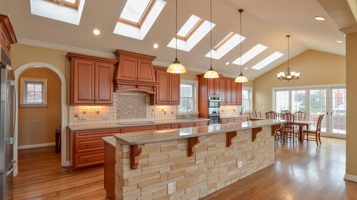 Spacious open kitchen with beige stacked stone island, cherry wood cabinets, and multiple skylights