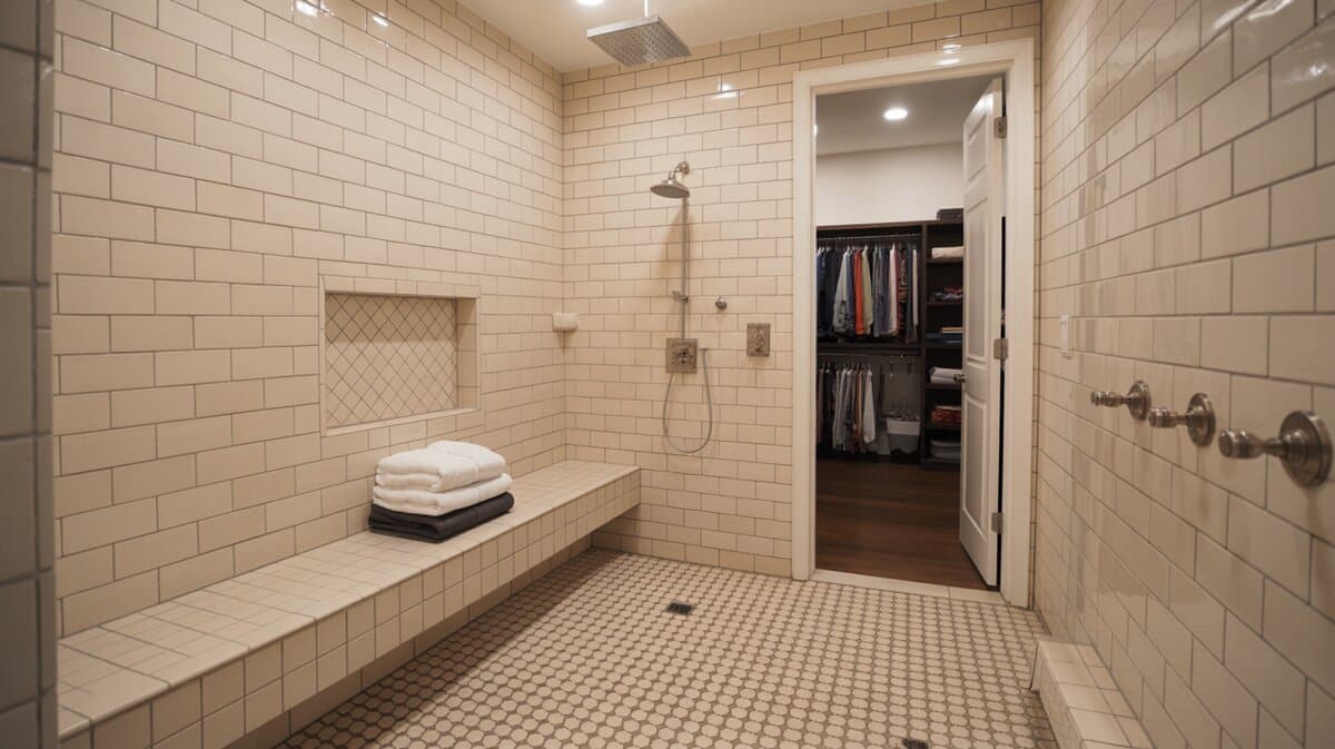 Open walk-in shower with cream beige tiles, built-in bench with folded towels, and diamond mosaic floor