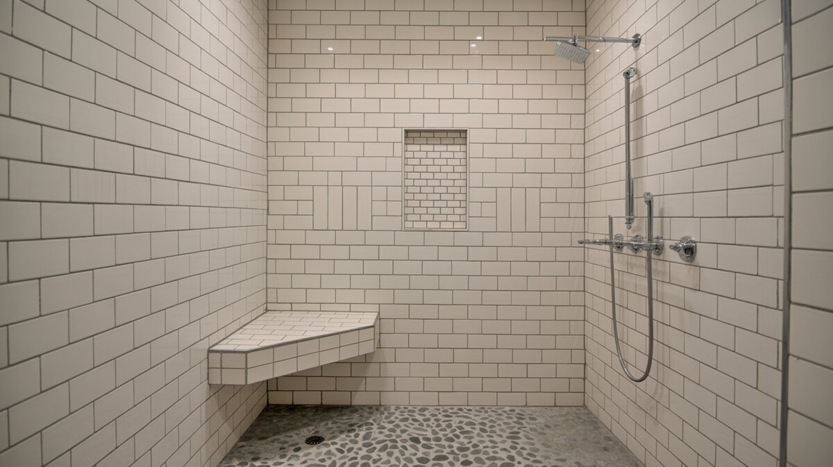 Open walk-in shower with large white subway tiles, small floating wall bench, and pebble stone floor