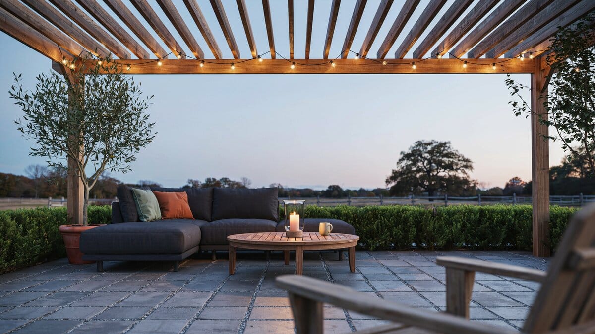 Bistro lights draped under a wood pergola over an outdoor seating area