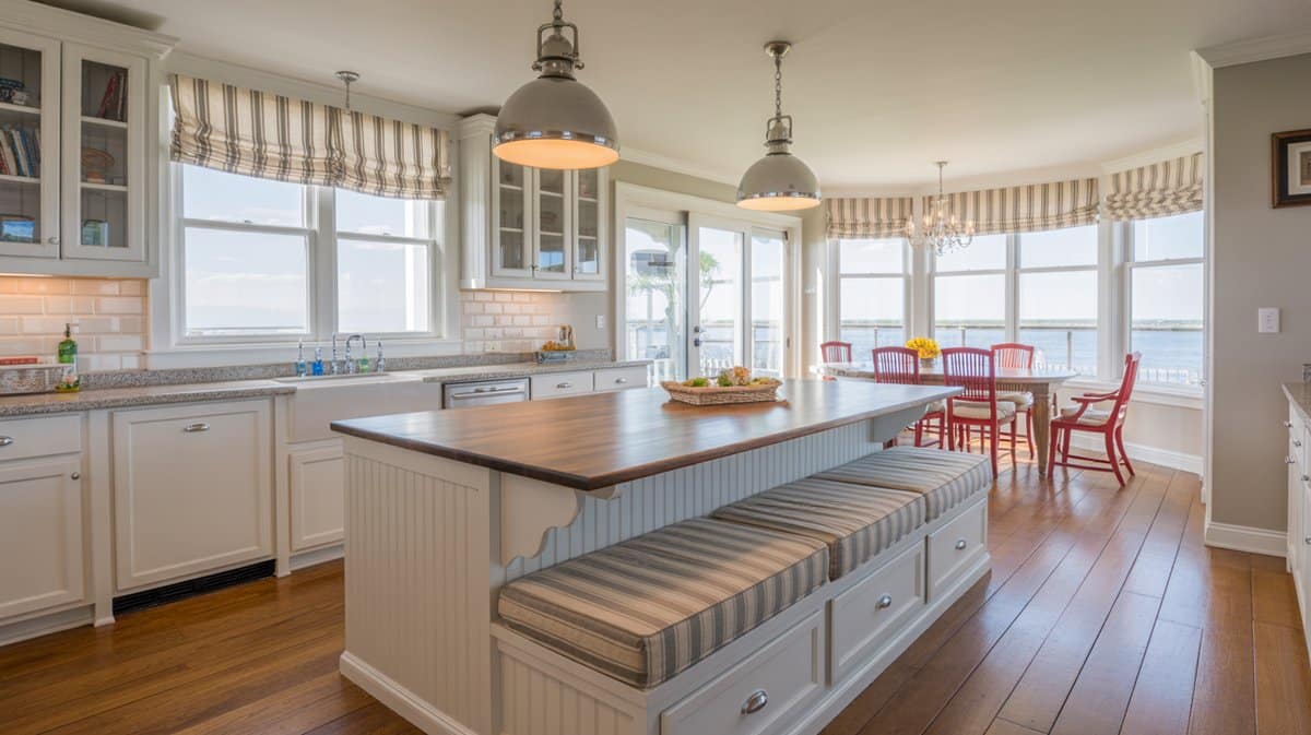 White coastal kitchen island with butcher block top and a striped built-in upholstered bench along its side