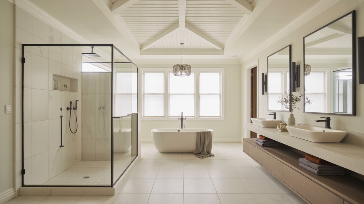 Spa like primary bathroom with white box beam ceiling, freestanding tub and glass shower