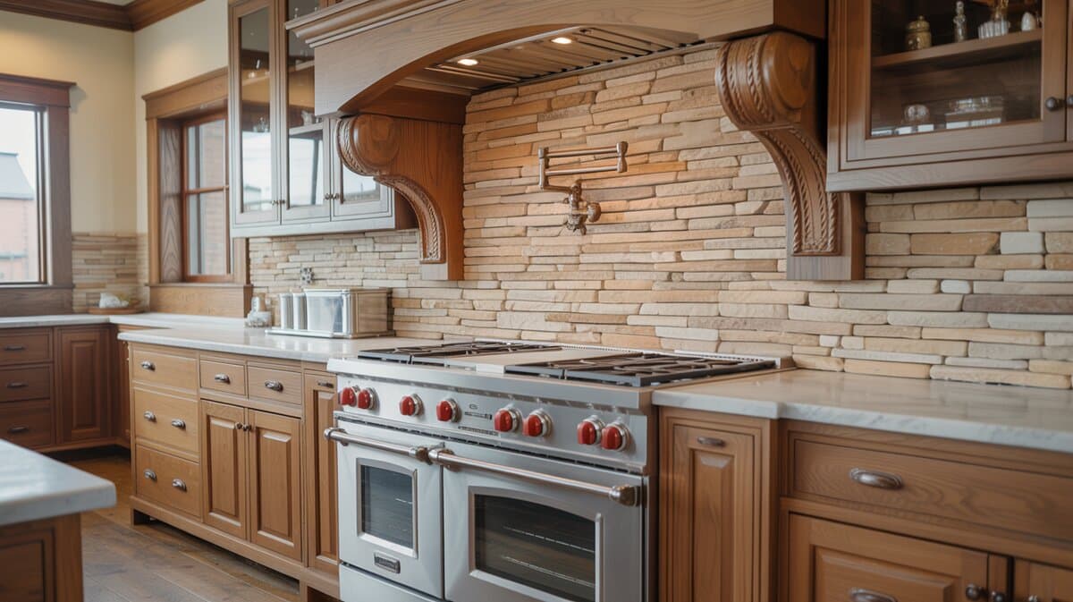 Rustic kitchen with beige stacked stone backsplash, oak cabinets, and red-knob commercial range
