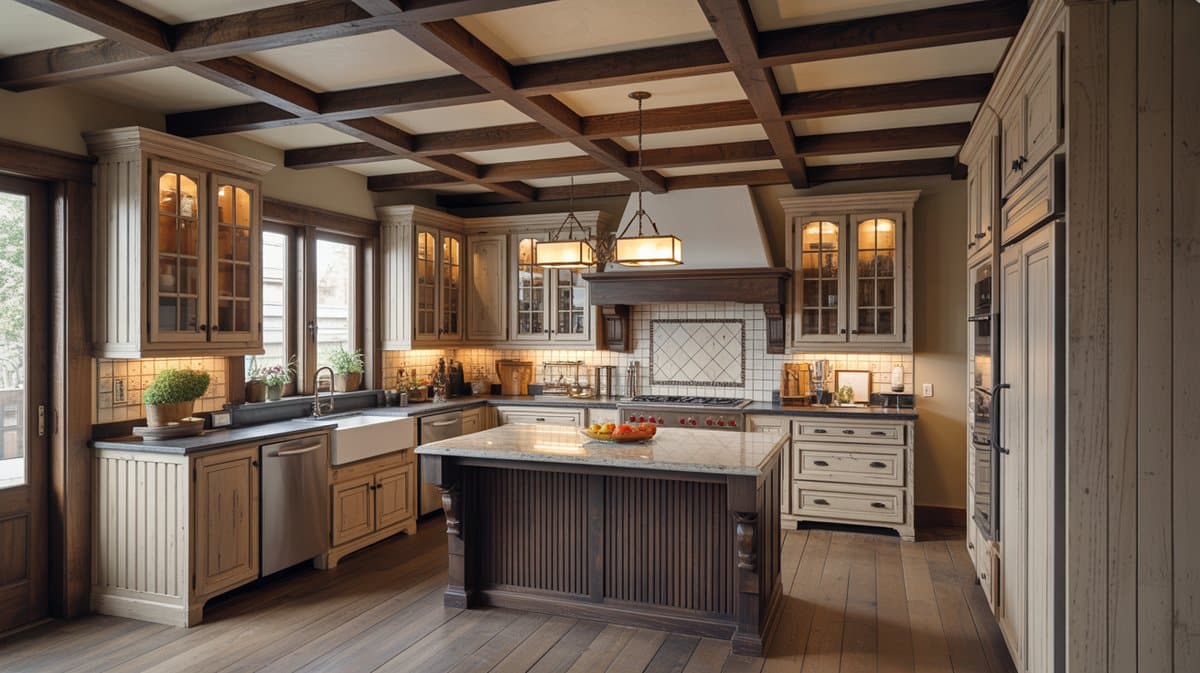 Rustic kitchen featuring dark wood box beams, antique cream cabinets and granite island