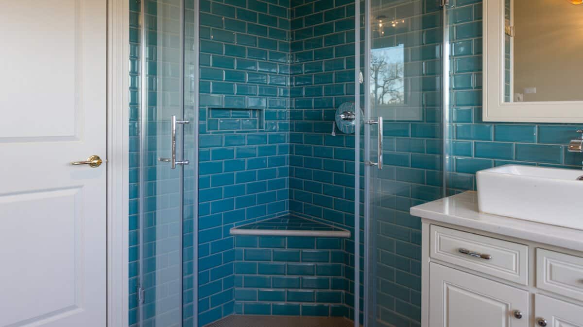 Small corner shower enclosure with bold turquoise subway tiles and matching tiled corner bench