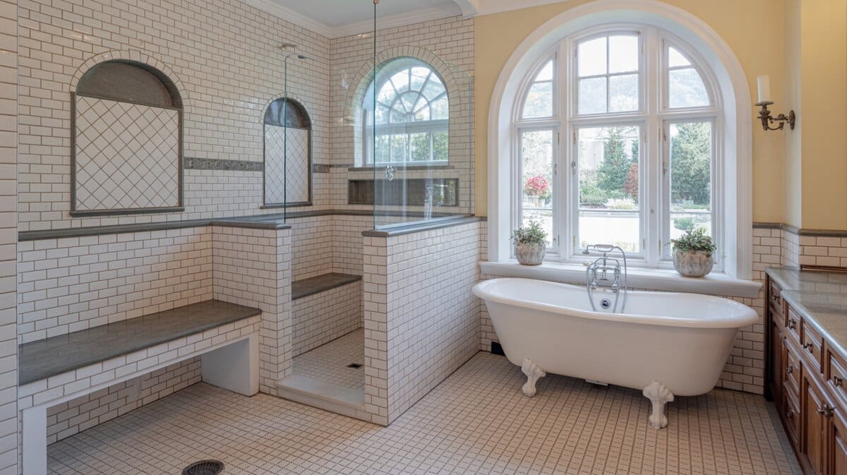 Traditional bathroom with white clawfoot tub and large walk-in shower with stone top bench