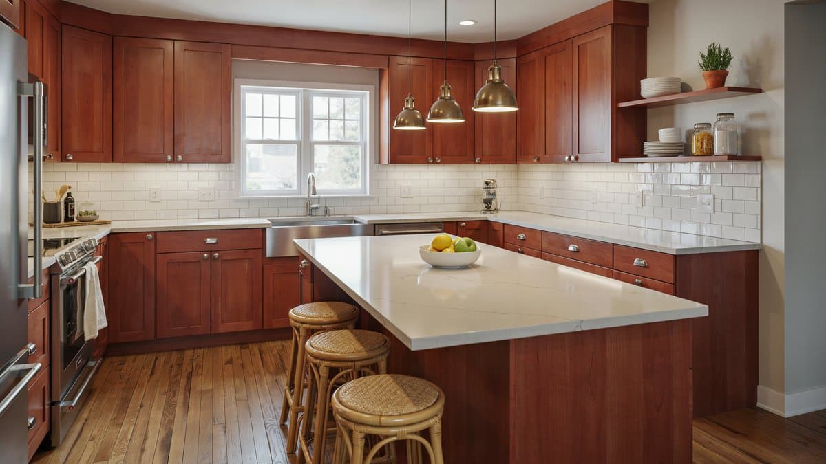 Traditional cherry wood shaker cabinets topped with quartz beneath hanging pendant lights