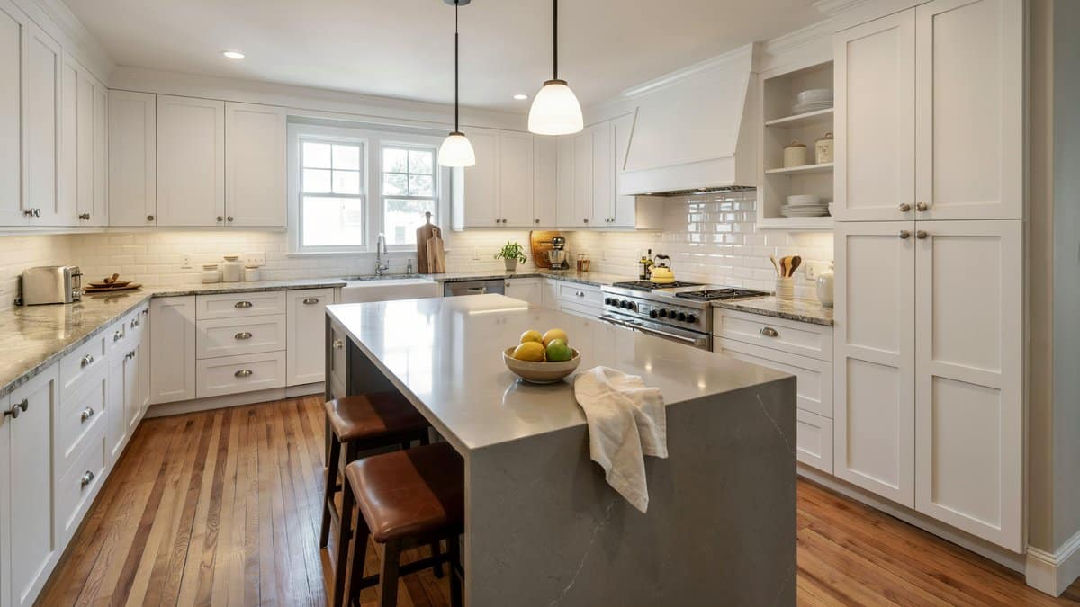 White painted cabinets surrounding a gray granite island above rich oak flooring