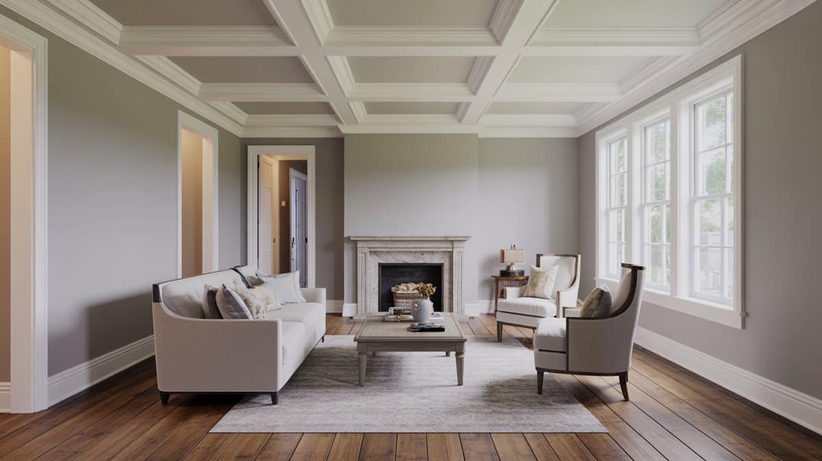 Transitional living room with white coffered ceiling, limestone fireplace and soft gray walls