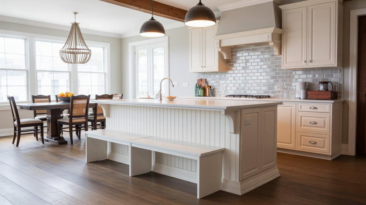 Exposed wood beam kitchen with white shaker cabinets, beadboard island, and long built-in bench under black dome pendants