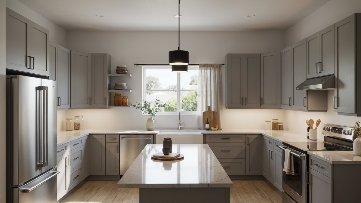 U shaped kitchen with gray painted cabinets, a framed window and stainless steel appliances