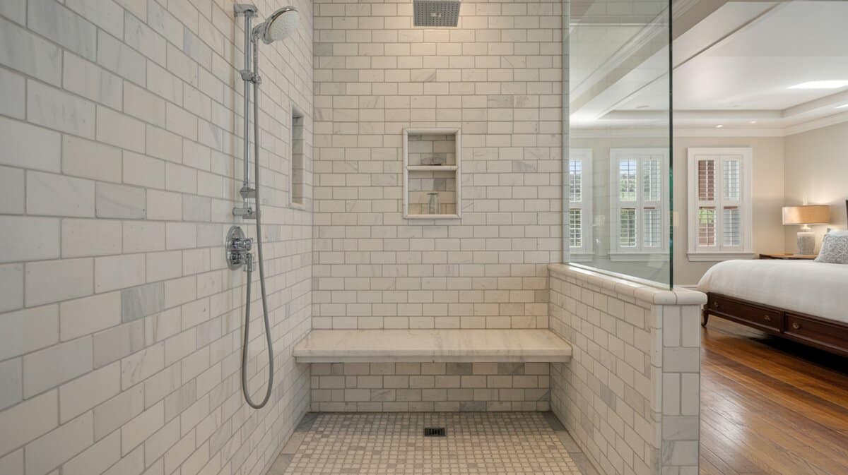 Carrara marble walk-in shower with wide built-in bench and frameless glass enclosure opening to bedroom