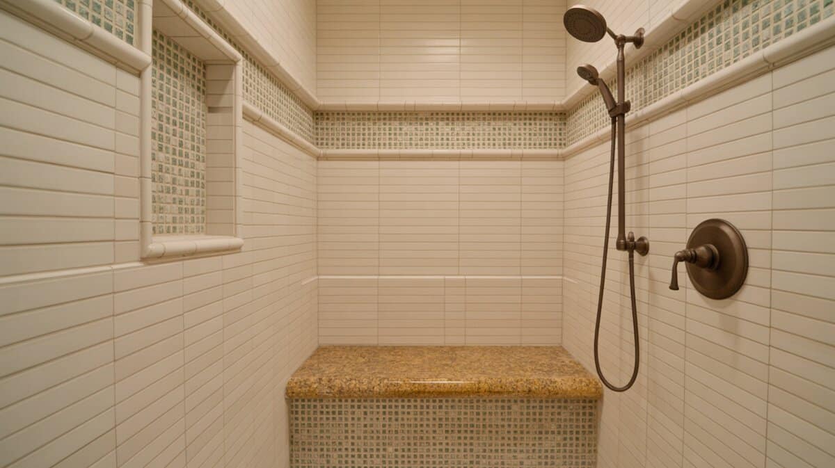 Walk-in shower with beige stacked tiles and bench featuring golden granite top and mosaic tile front