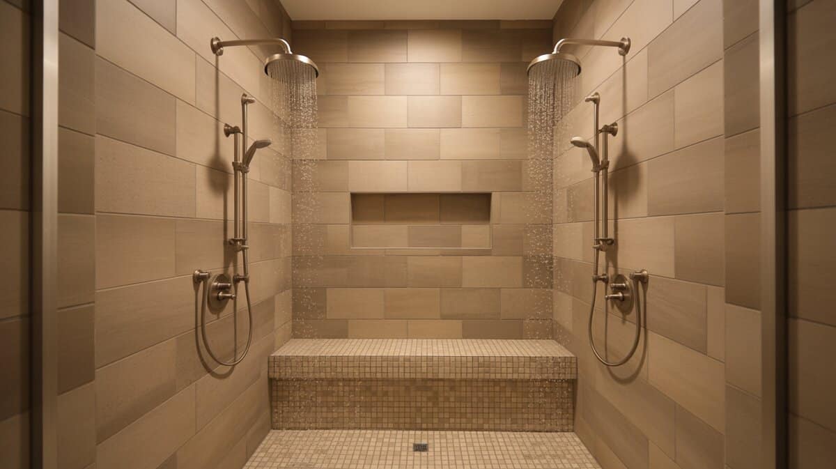 Walk-in shower with dual rain showerheads, warm beige large format tiles, and built-in tiled bench