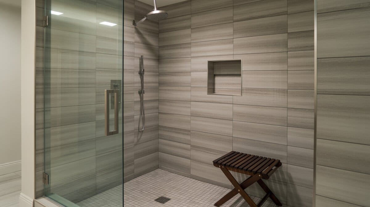 Walk-in shower with gray linear tiles and dark wood slatted wall-mounted folding bench