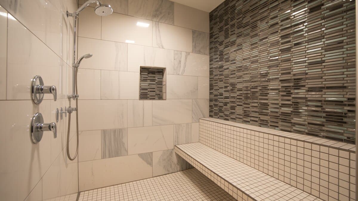 Walk-in shower with iridescent black and silver mosaic accent wall and wide white tiled bench