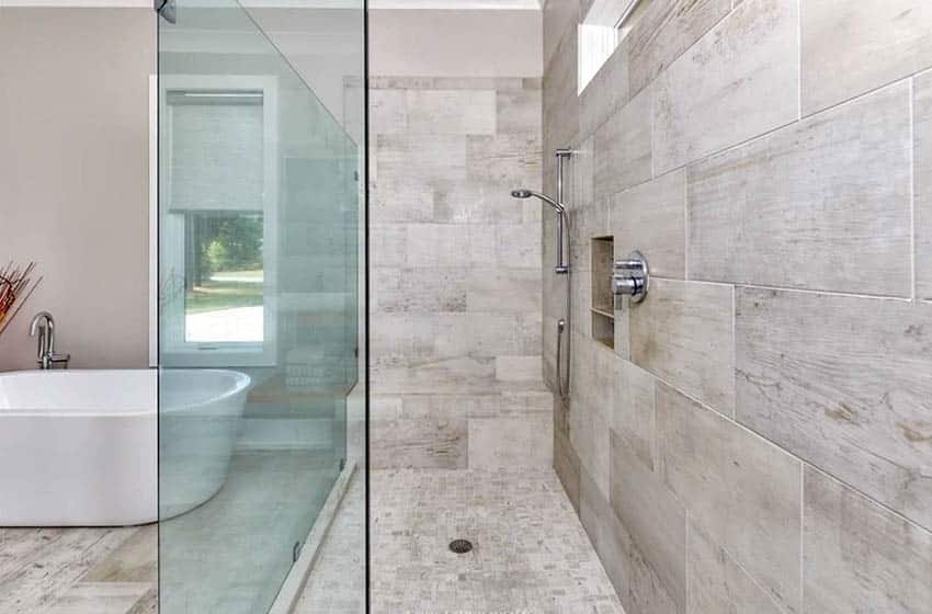 Walk in shower with wood look porcelain tile