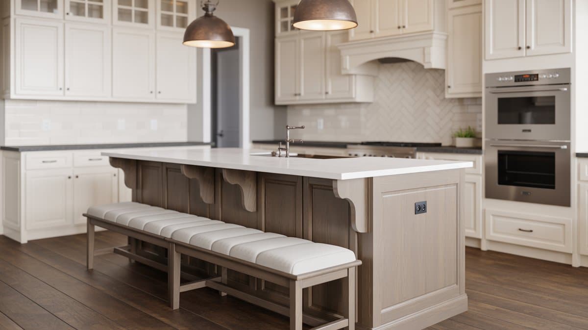 Weathered brown island with white quartz countertop and long upholstered linen bench in a white shaker kitchen