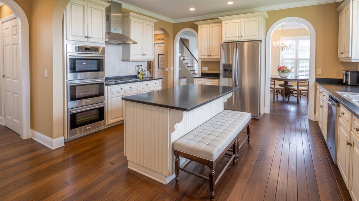 Cream cabinet traditional kitchen with white beadboard island, dark countertop, and tufted white bench alongside
