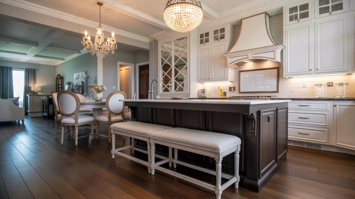 Elegant white kitchen with dark espresso island, crystal drum chandelier, and ornate French-style upholstered bench