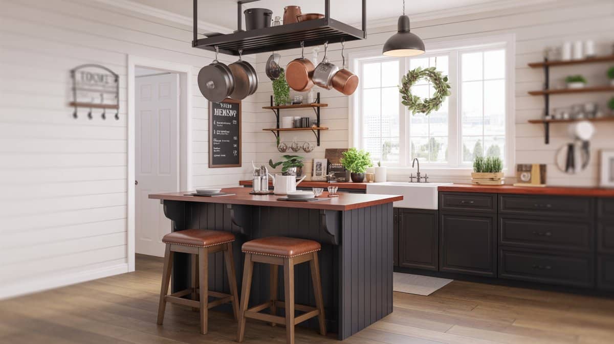 Dark charcoal kitchen island with butcher block top, overhead pot rack with copper pans, and leather bar stools