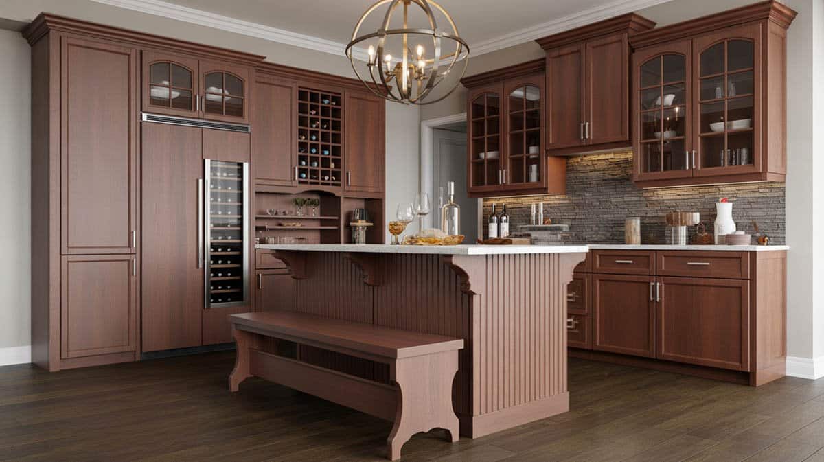 Cherry wood kitchen with large gold orb chandelier, stacked stone backsplash, and wood bench alongside beadboard island