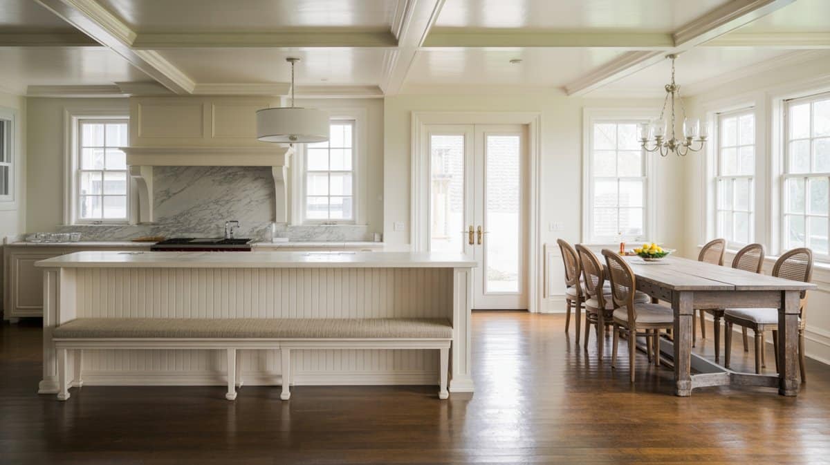 Bright open kitchen with white beadboard island, marble slab backsplash, long bench seat, and French doors beyond
