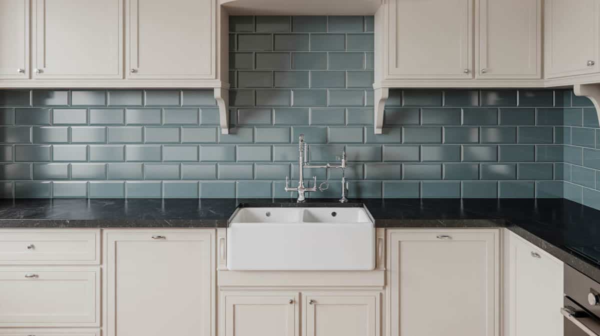 Small modern kitchen with ashy blue glass tile backsplash and white farmhouse sink