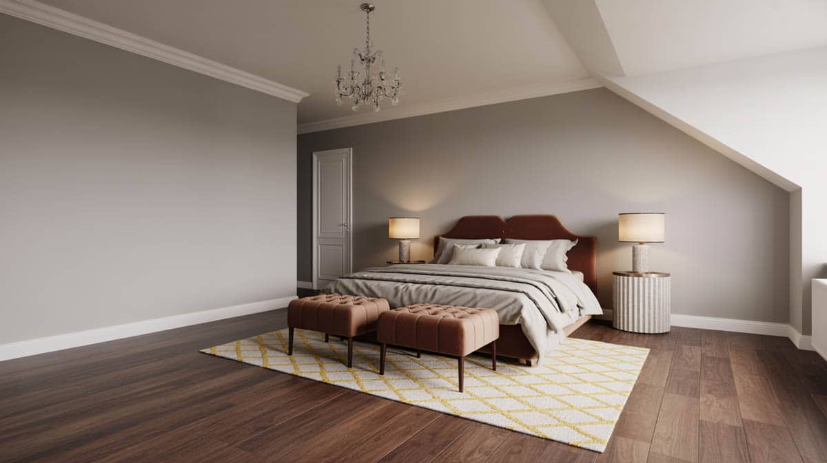 Beach house bedroom with dark horizontal oak plank floors and ocean view windows