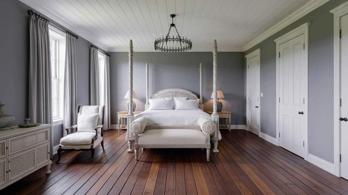 Bedroom with light yellowish oak floors, blue-grey walls, and a black stone brick fireplace