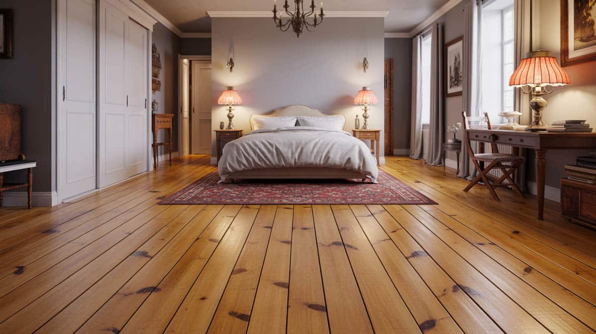 Bedroom with exotic tigerwood floors featuring deep red-orange grain and beige walls