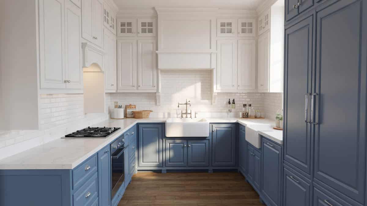 Classic blue and white farmhouse kitchen with navy lower cabinets