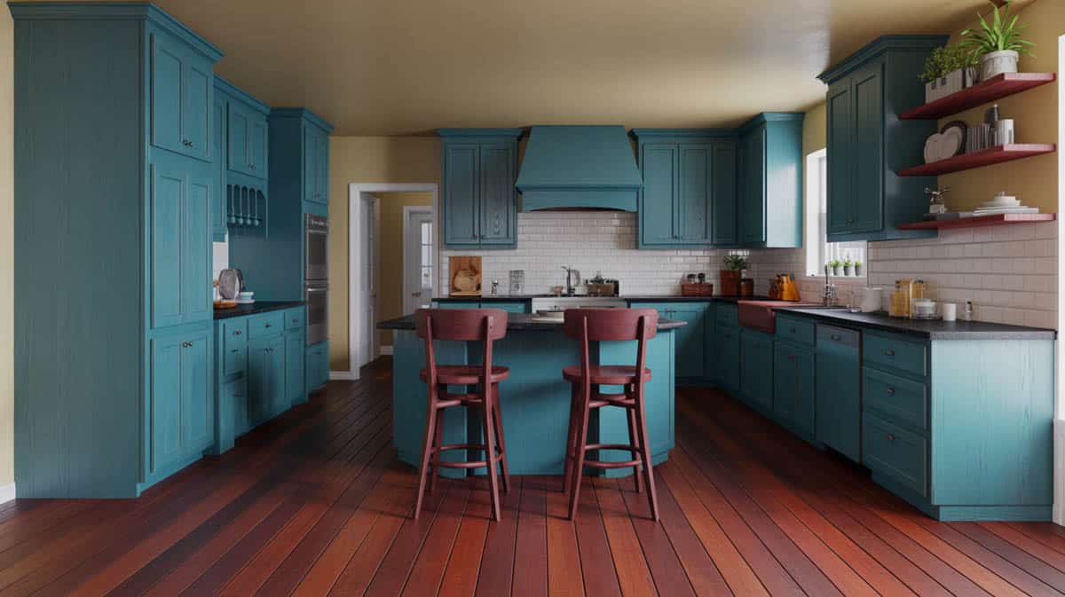 Bluegrass teal-blue cabinets with open shelving over dark mahogany floors