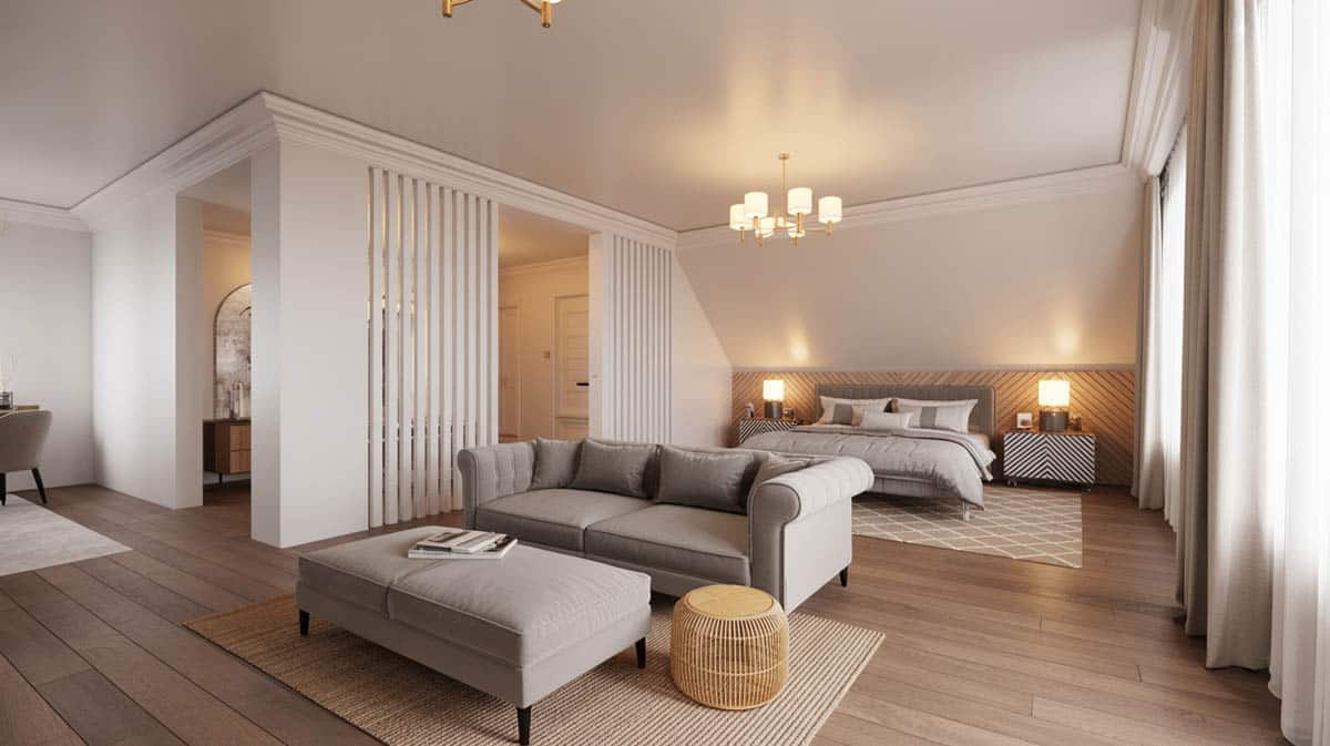 Classic master suite with wide-plank hickory floors and white French doors leading to a balcony