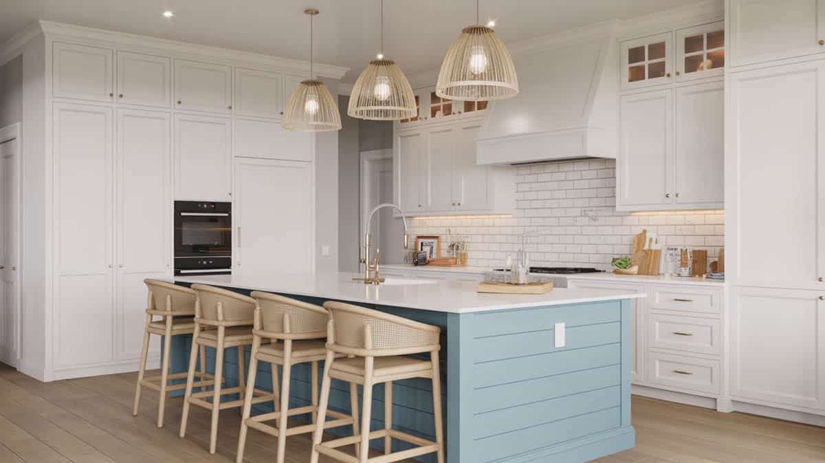 Coastal white kitchen with baby blue shiplap island and rattan bar stools