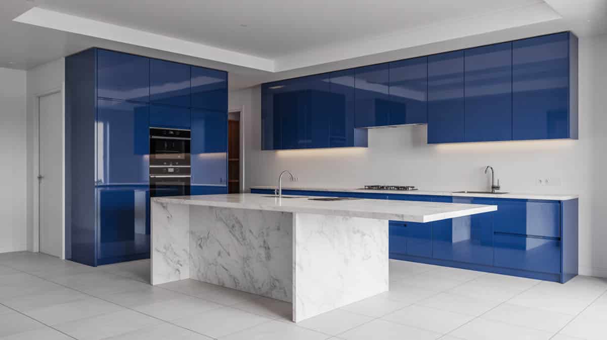 Bold cobalt blue gloss cabinets with sculptural white marble waterfall island